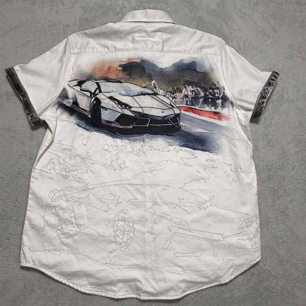 Robert Graham Button Up Men 2XL White Sports Car Graphic Short Sleeve Paisley
